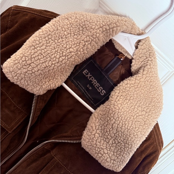 Express Men's Chocolate Brown Suede Bomber with Cream Collar - Picture 2 of 8